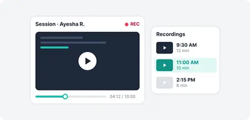 Video Recording session player with timeline