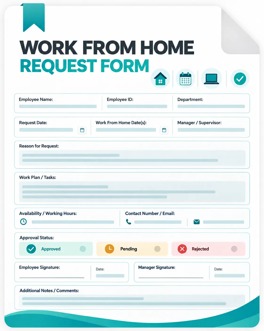Work from home request form template with employee details, dates, work plan, and approval status.