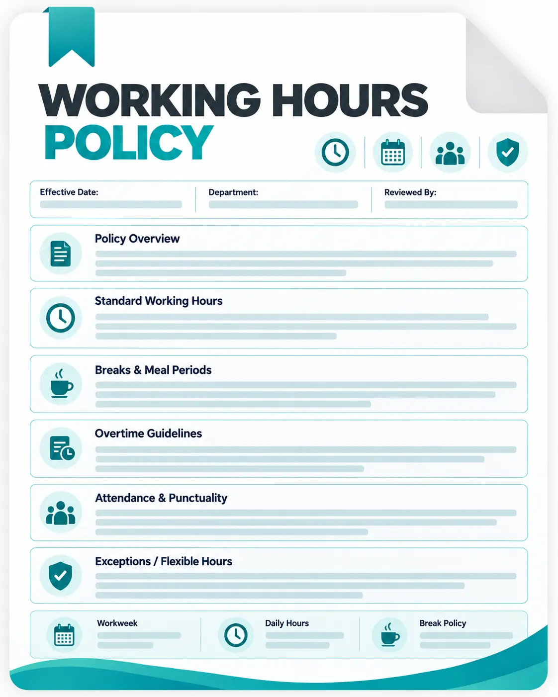 Working hours policy template covering work schedules, breaks, overtime, attendance, and flexible hours.