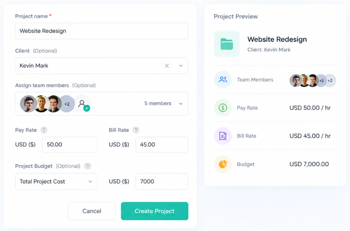 Create project setup dashboard with teams, rates, and budget tracking tools.