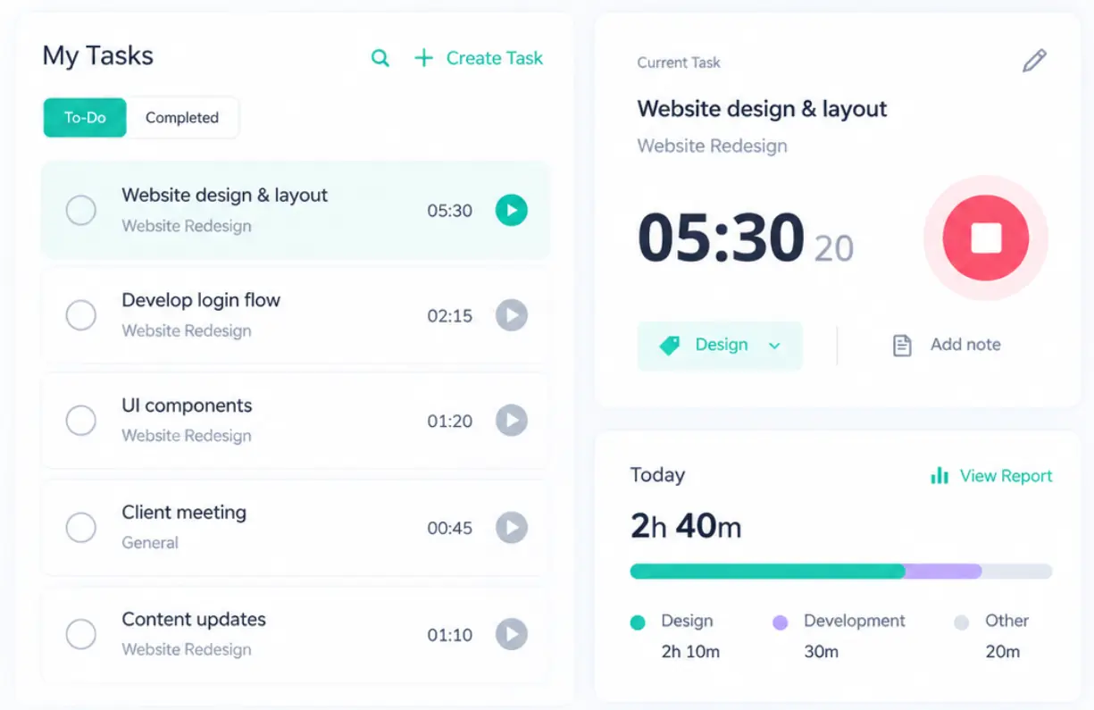 Time tracking dashboard showing tasks, timers, and employee work hours.
