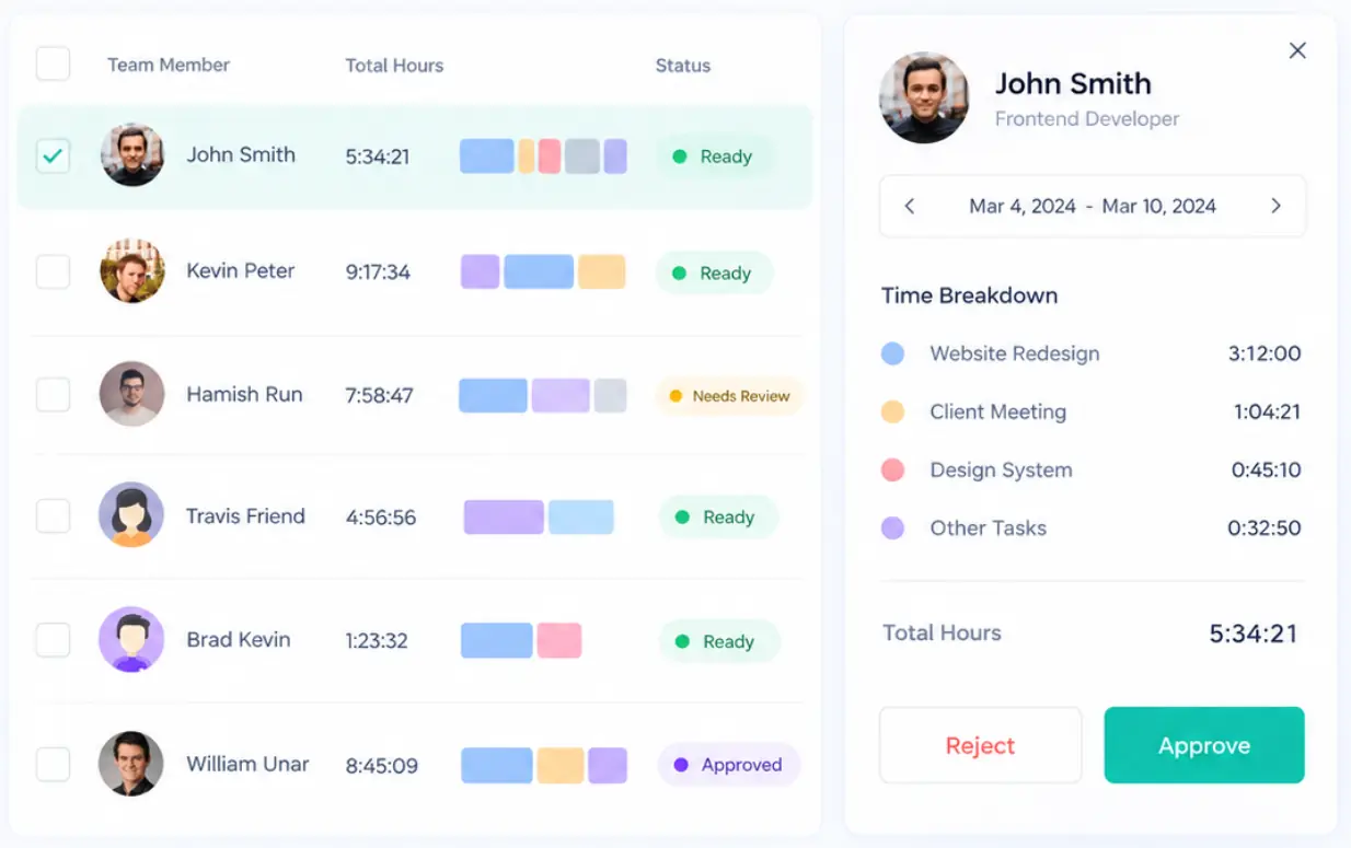Timesheet approval dashboard for reviewing employee hours and work records.