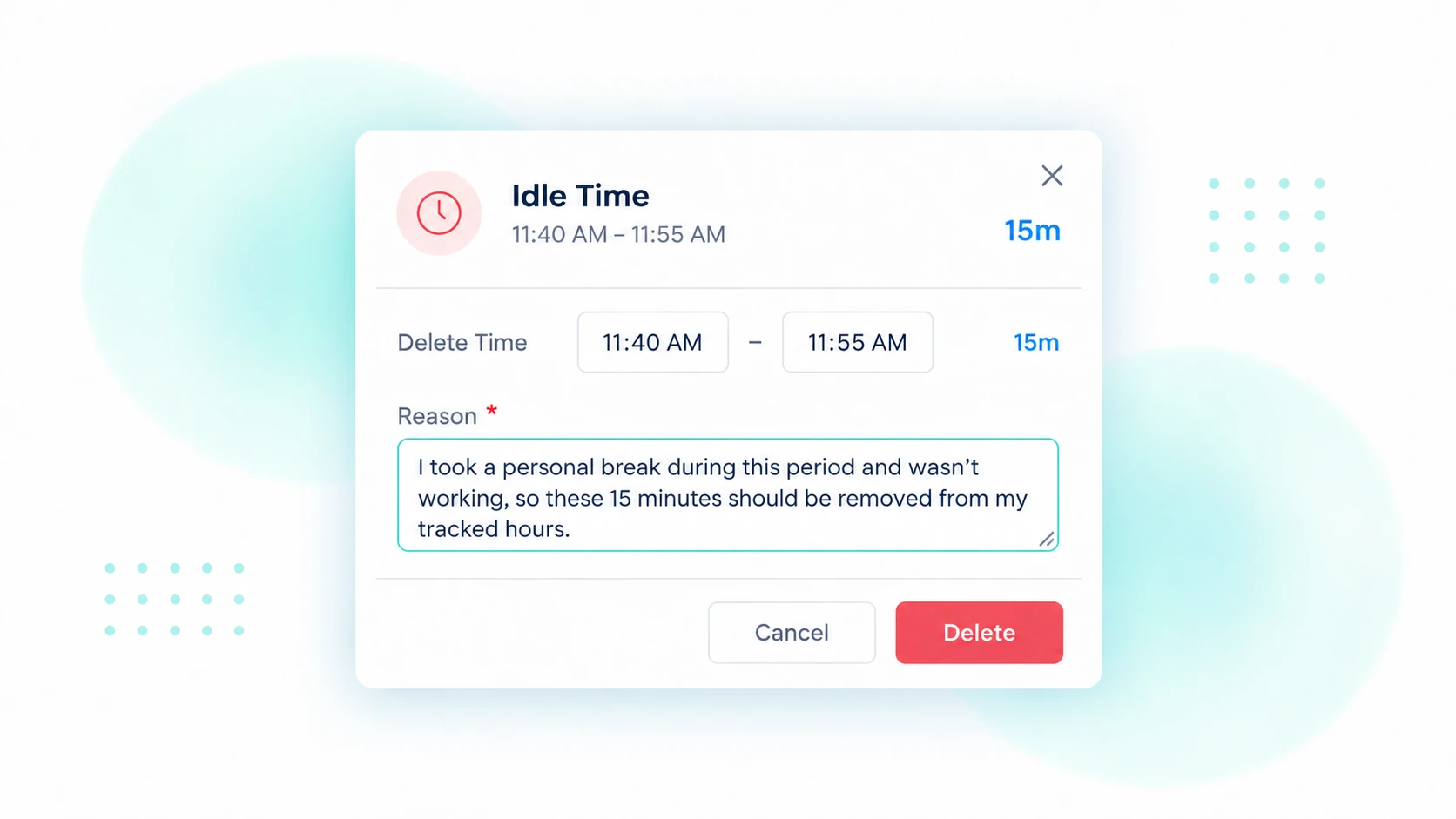 Apploye timesheet showing individual idle periods and time correction options