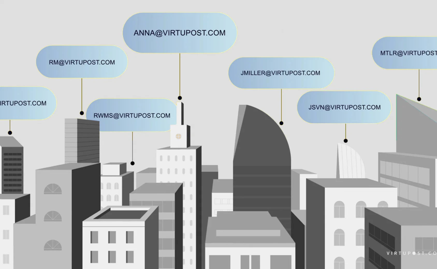 The same cityscape with anonymized Virtupost email addresses replacing physical ones, demonstrating enhanced privacy and control over personal information.