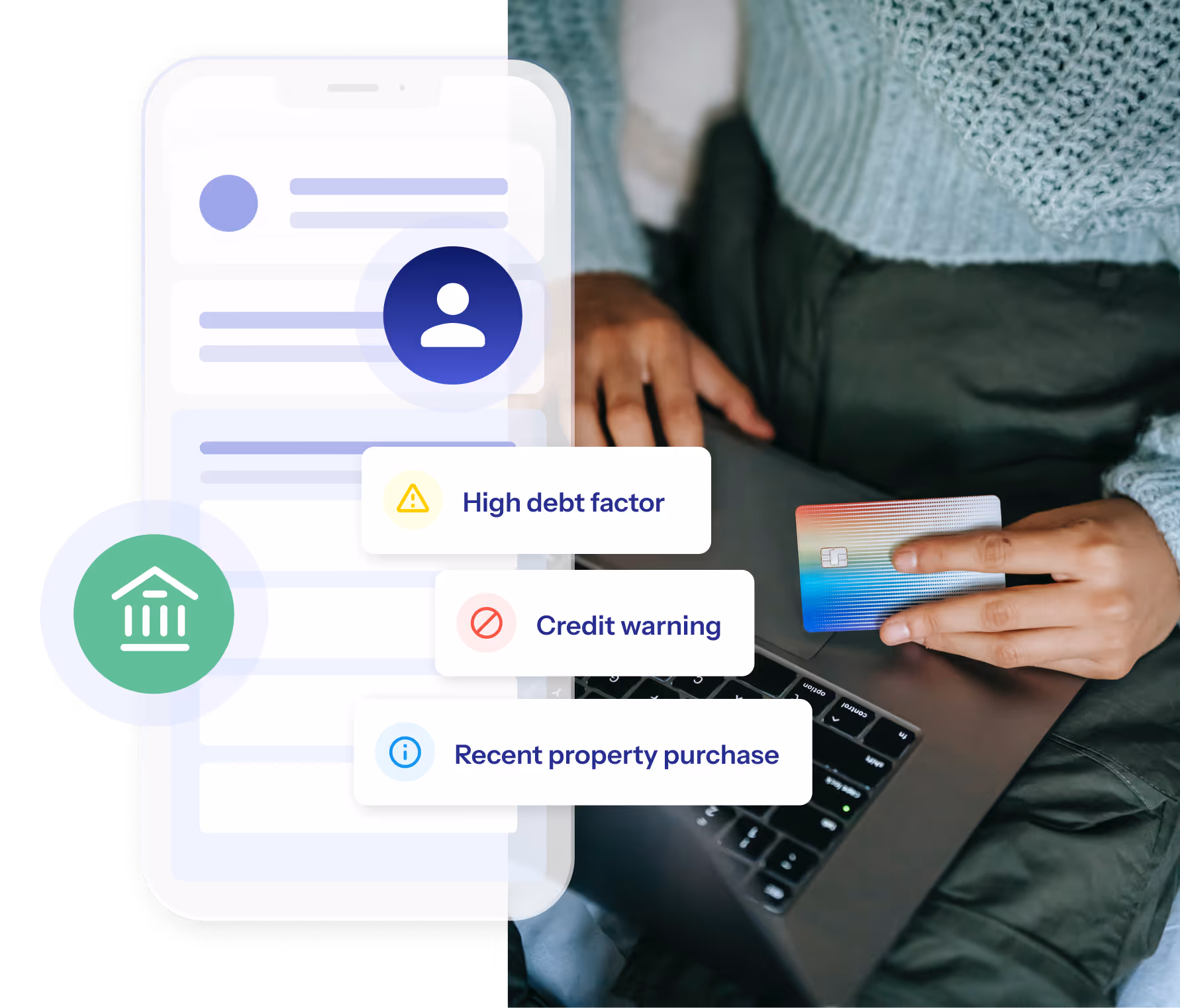 Image of young woman with rainbow credit card and graphic image showing potential financial data Monthio can provide of loan applicants