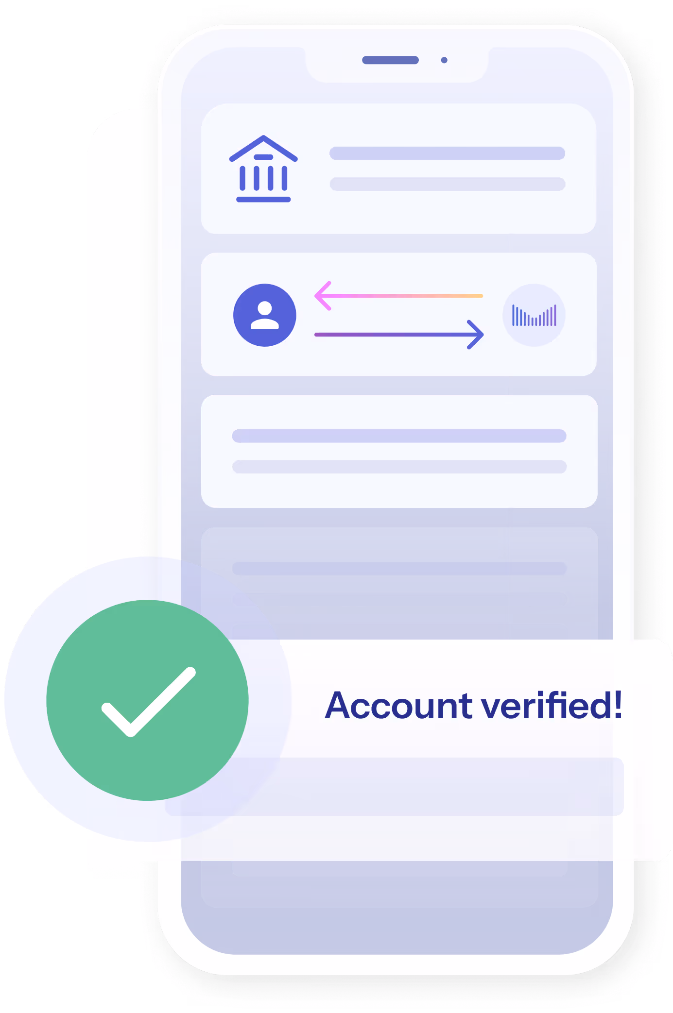 Graphic showing smart phone in purple color with green check mark saying Account Verified 