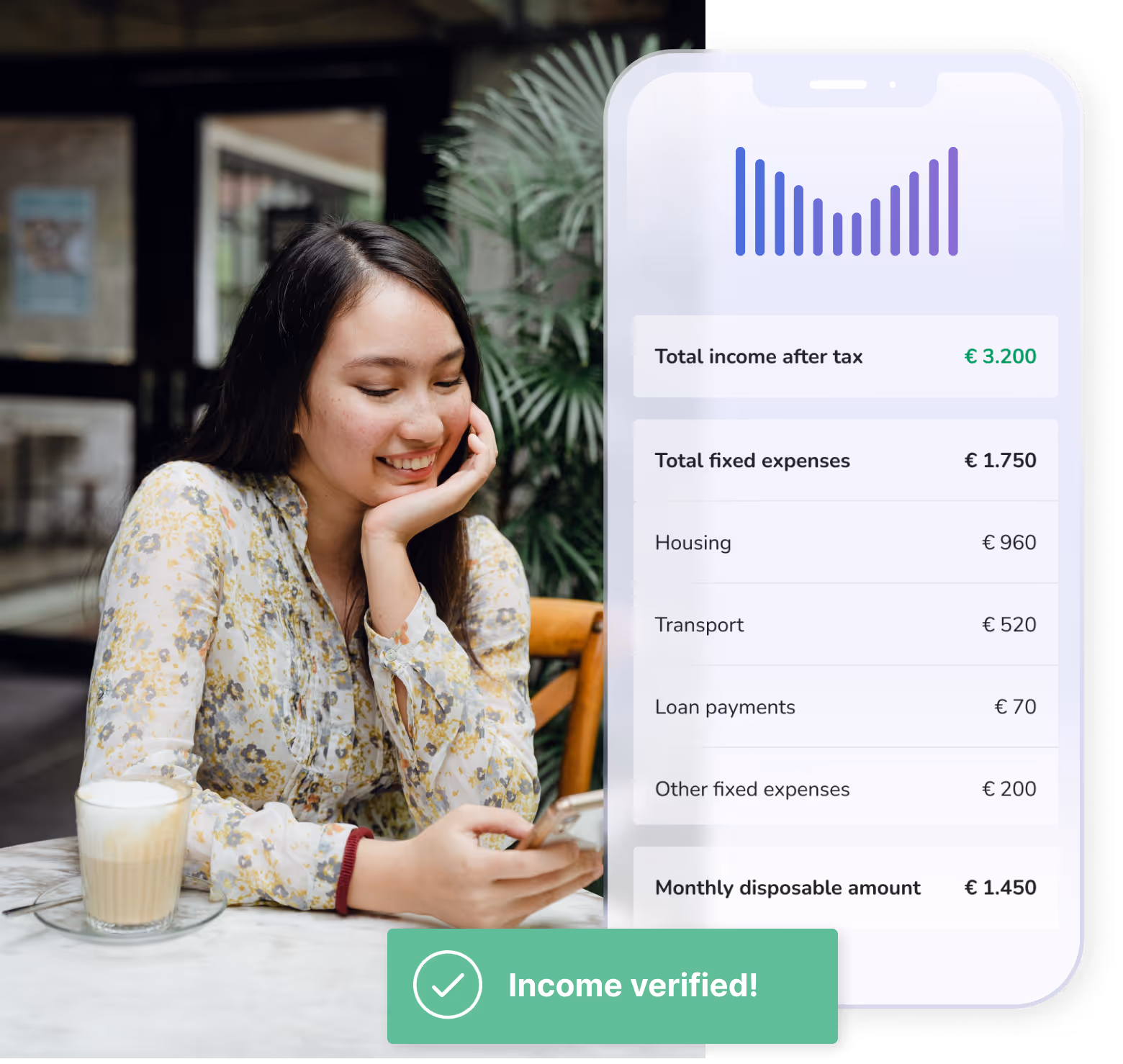Woman with brown hair and coffee looks at the total income after tax and monthly disposable income 