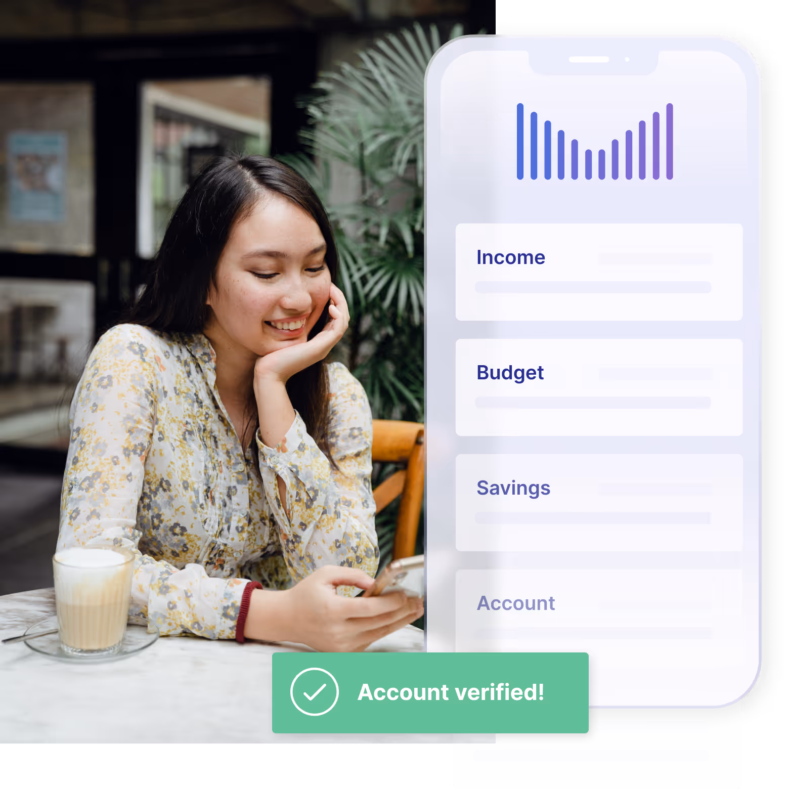 Young woman is satisfied with loan approval process. A smartphone graphic shows her accounts. 