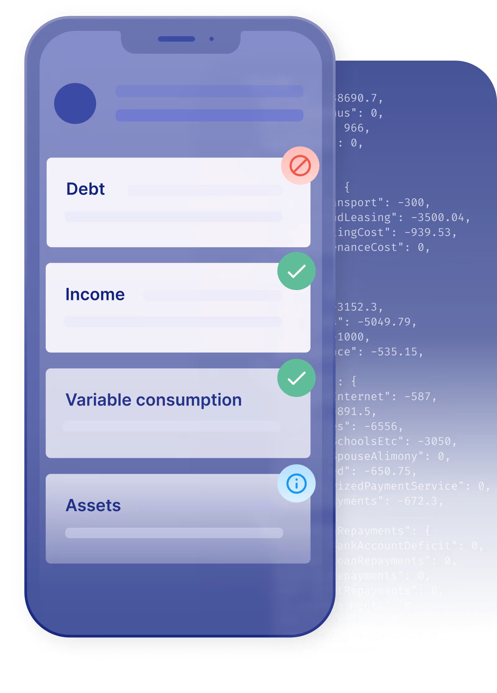 Graphic showing front end and back end of monthio flow on a smartphone 