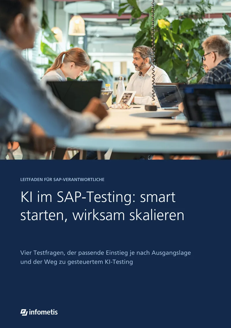 Cover des Leitfadens «KI im SAP-Testing: smart starten, wirksam skalieren» von Infometis