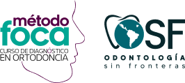 Logo containing profile outline of a face with colorful text 'método foco curso de diagnóstico en ortodoncia' next to stylized 'OSF odontología sin fronteras' with a globe in the letter O.