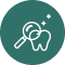 White magnifying glass icon focusing on two user figures with three sparkle stars above them on a blue circular background.