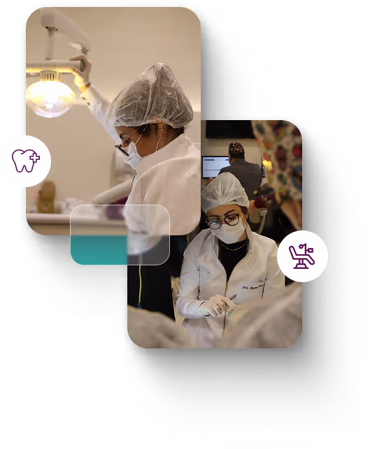 Two dentists wearing white coats, hair covers, masks, and glasses attending to patients in a dental clinic setting.