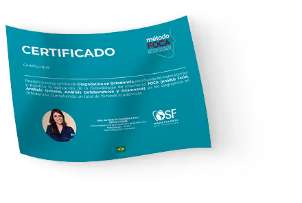A teal certificate titled 'CERTIFICADO' from Metodo FOCA in Odontology featuring a photo of a smiling woman and text documenting completion of a course in Orthodontic Diagnostics.