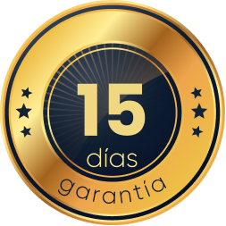 Gold and black circular badge displaying '15 días garantía' indicating a 15-day warranty.