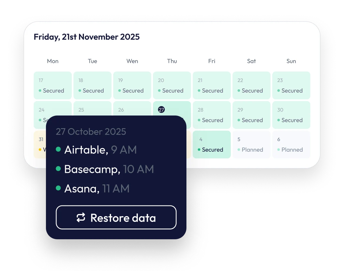 Calendar showing secured dates in November 2025 with a popup for October 27 listing Airtable at 9 AM, Basecamp at 10 AM, and Asana at 11 AM, and a button labeled Restore data.