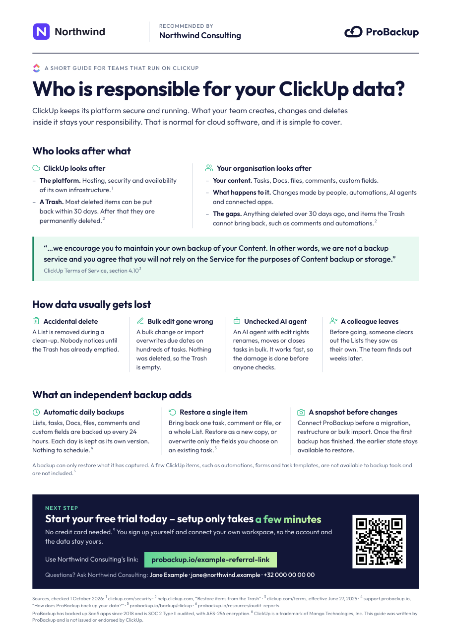Example client guide 'Who is responsible for your ClickUp data?' co-branded for a fictional partner
