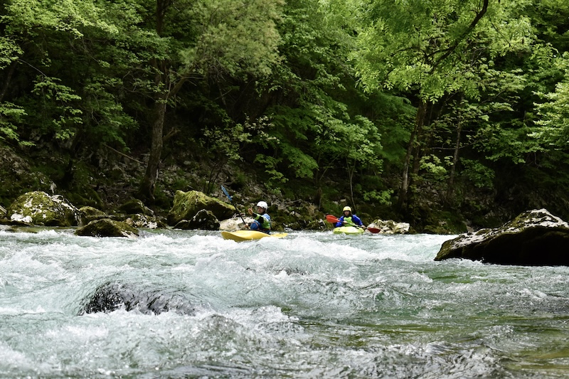 two kayaks make their way down a rapid on the sava river