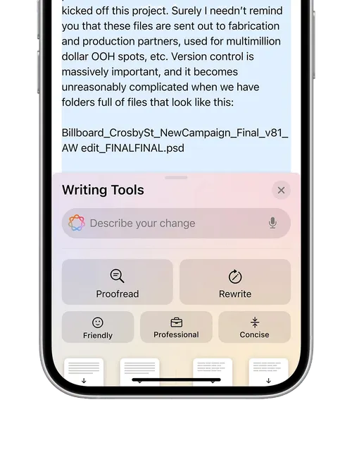 An iPhone showing AI making suggestions to an email.
