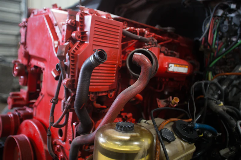 Heavy-duty engine repair with a red diesel engine, disconnected coolant hoses, and fluid reservoirs in the engine bay.