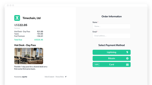 screenshot of zaprite custom branded bitcoin checkout