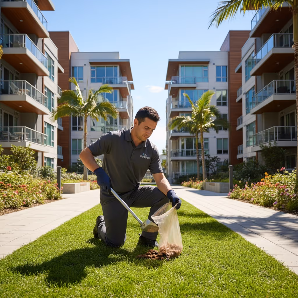 Worker providing pet waste removal, pet waste, poop scooping, and dog poop removal services in a landscaped outdoor area.