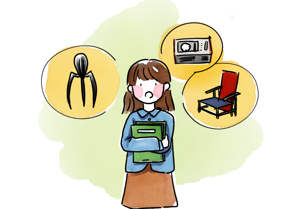 Illustration of a person holding green folders with thought bubbles depicting a juicer, a radio, and a red and blue chair against a green abstract background.