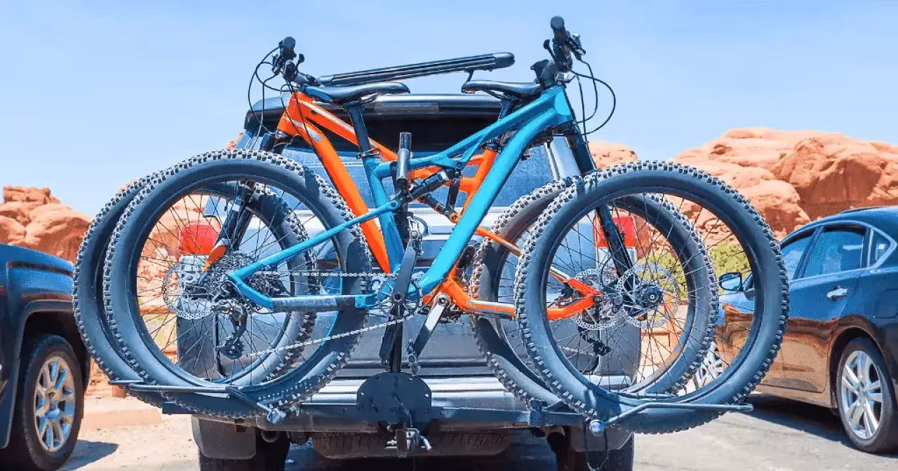 bikes mounted on vertical hitch rack