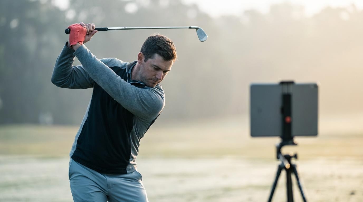 A golfer at the top of the backswing on the range, captured with two cameras