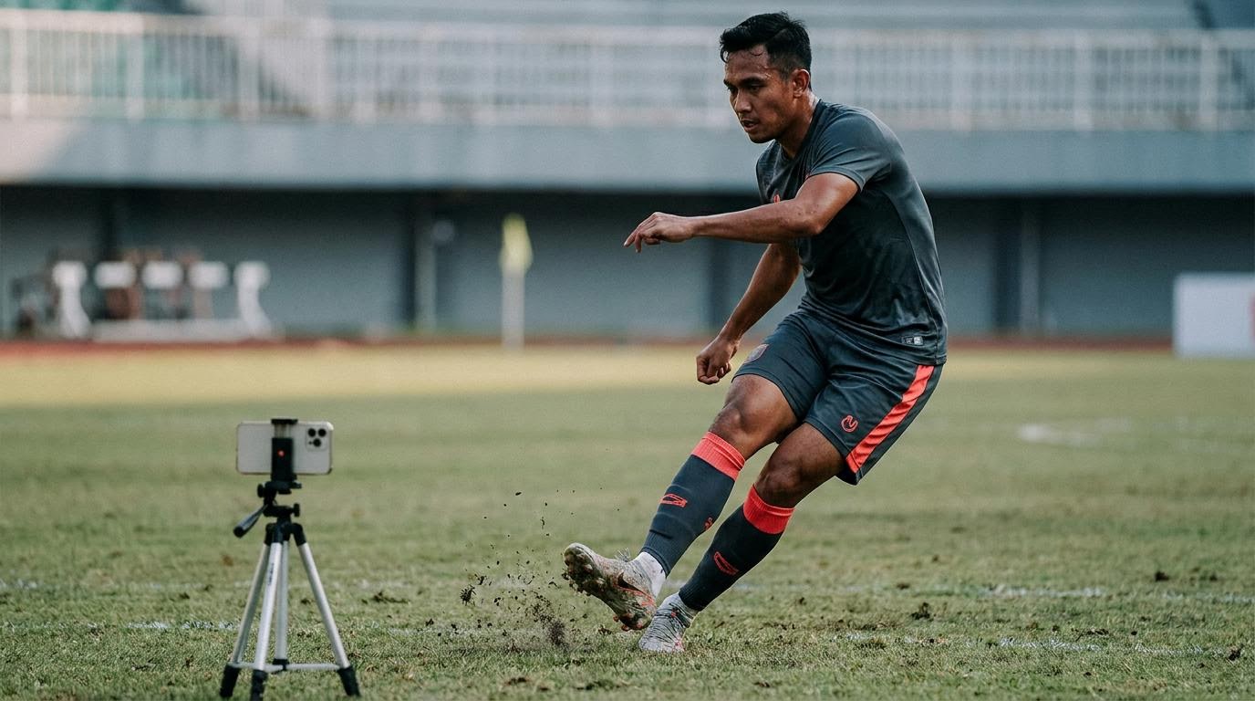 A soccer player planting to cut, captured pitch-side