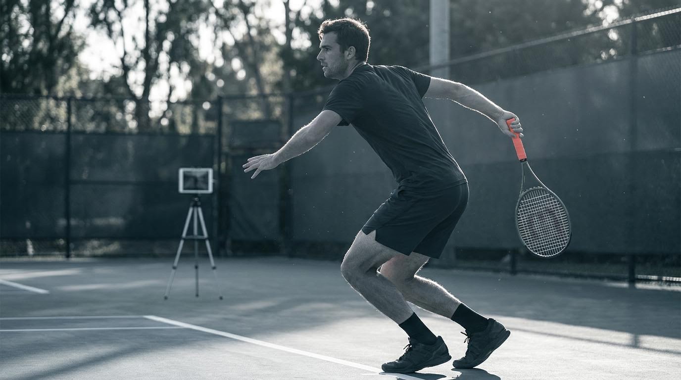 A tennis player at peak shoulder external rotation on the serve, captured courtside