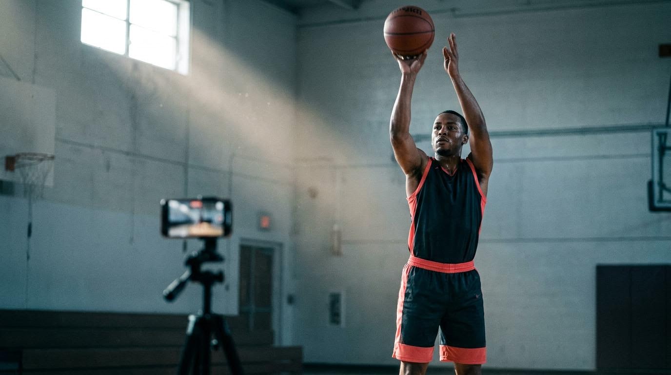 A basketball player at the release point of a jump shot, captured baseline
