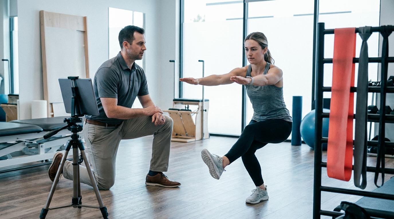 A clinician reviewing an athlete's single-leg movement screen on a tablet