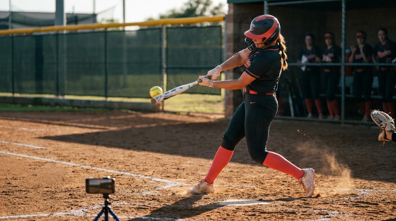 A softball batter rotating through contact, captured with two iPads
