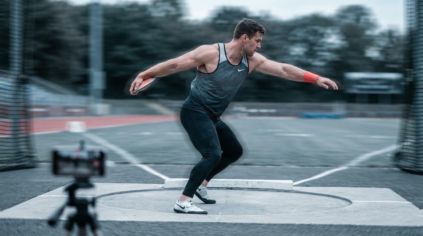 A discus thrower in the middle of the turn inside the ring, captured field-side