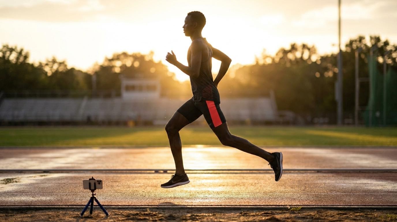 A runner captured side-on at mid-stance showing knee and hip alignment