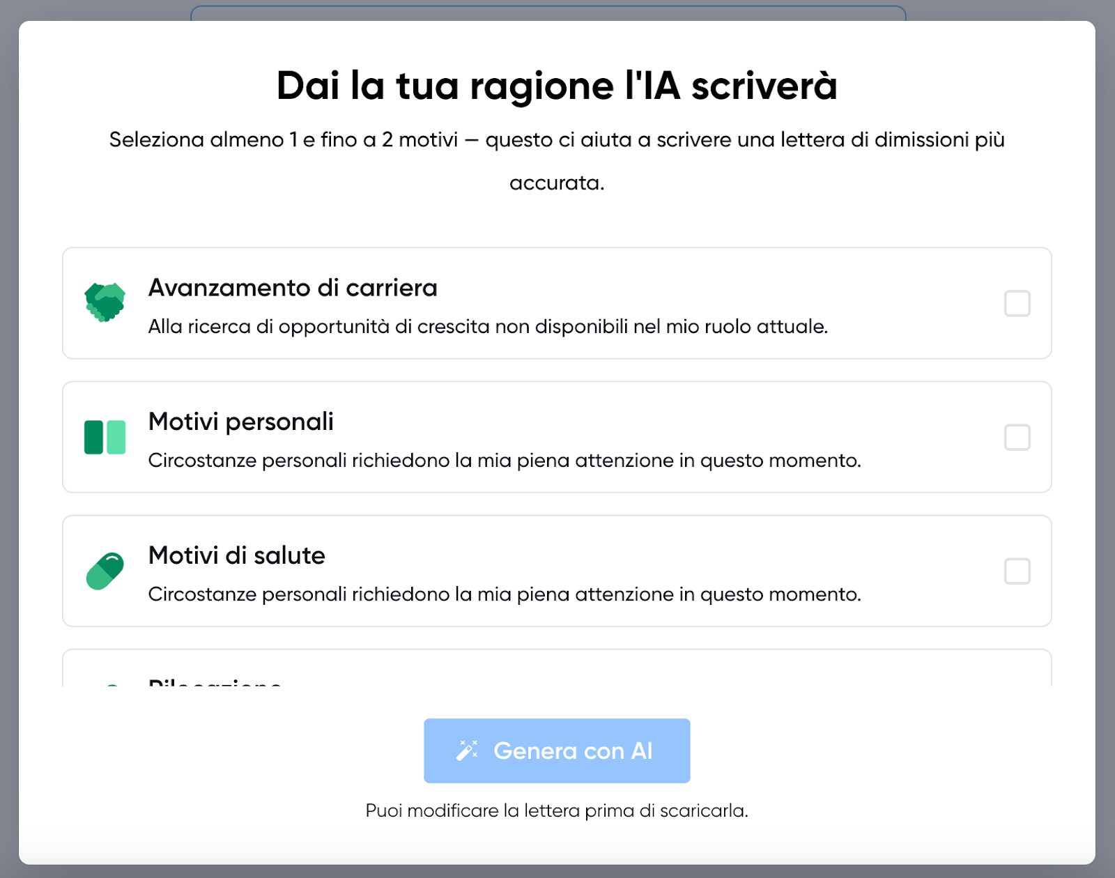 Campi da compilare per generare una lettera di dimissioni AI professionale
