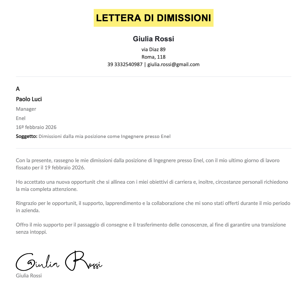 Esempio di una lettera di dimissioni generata con AI