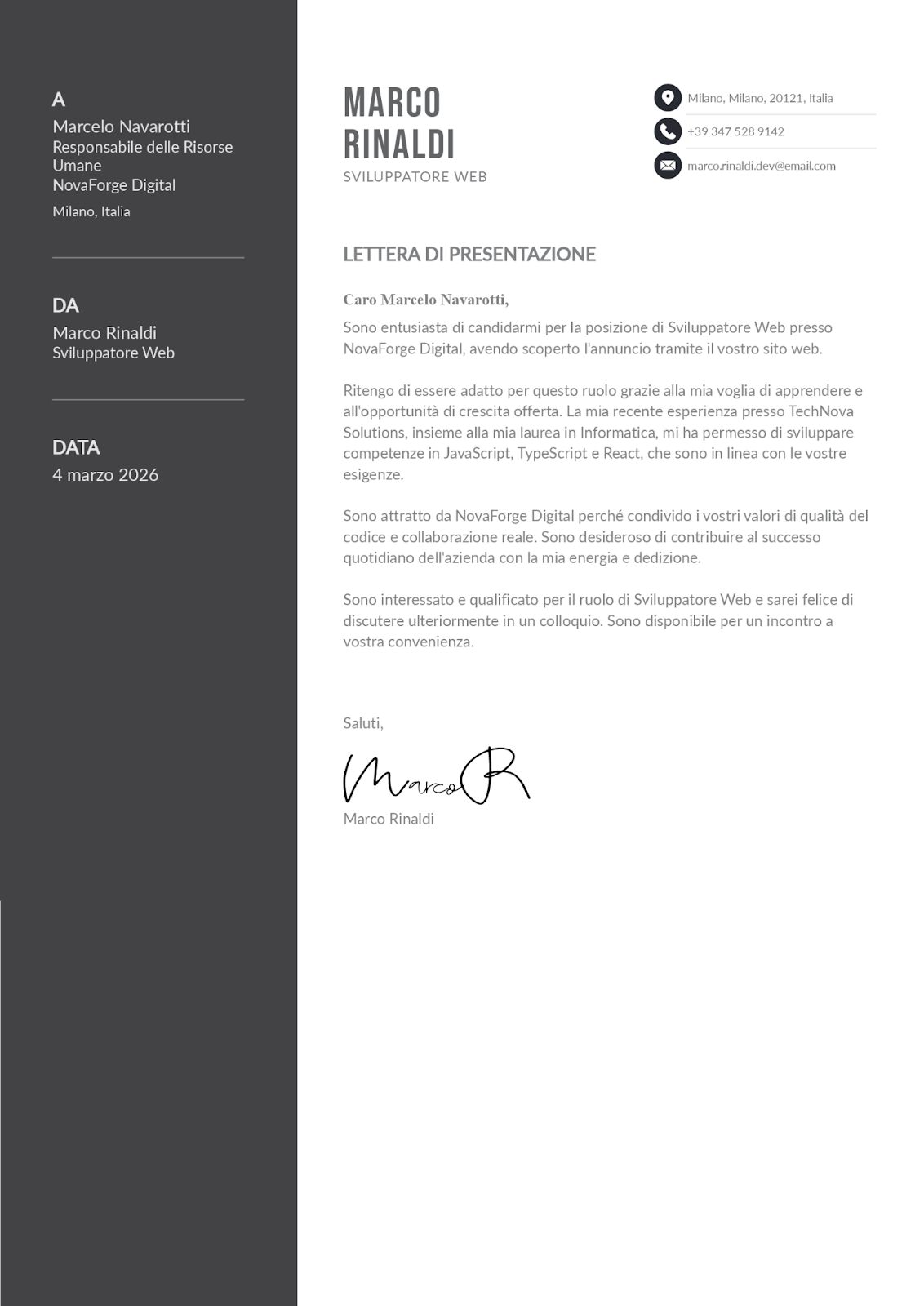 Esempio di una lettera di presentazione scritta con AI