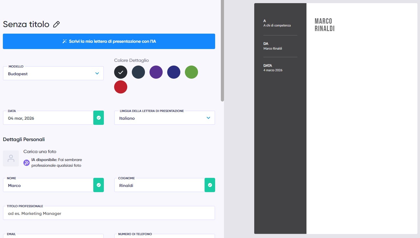 Opzioni di personalizzazione in uno strumento online per la creazione di lettere di presentazione