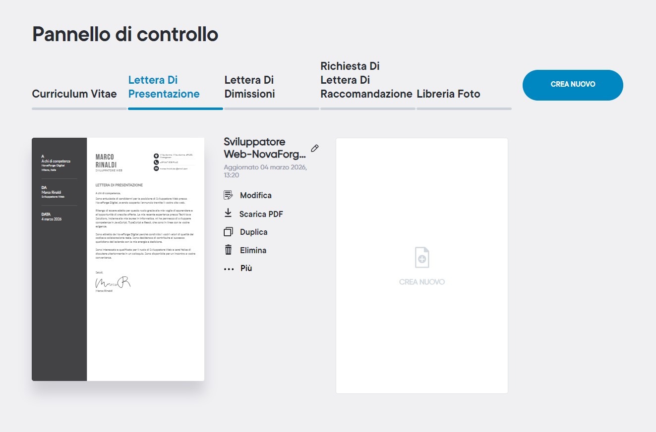 Cruscotto dello strumento di generazione di lettere di motivazione