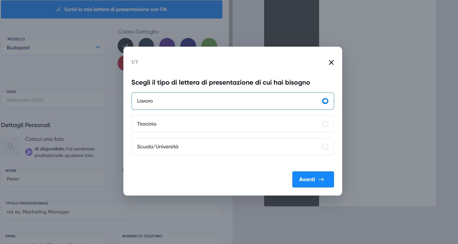 Scegli il tipo di lettera di presentazione con AI