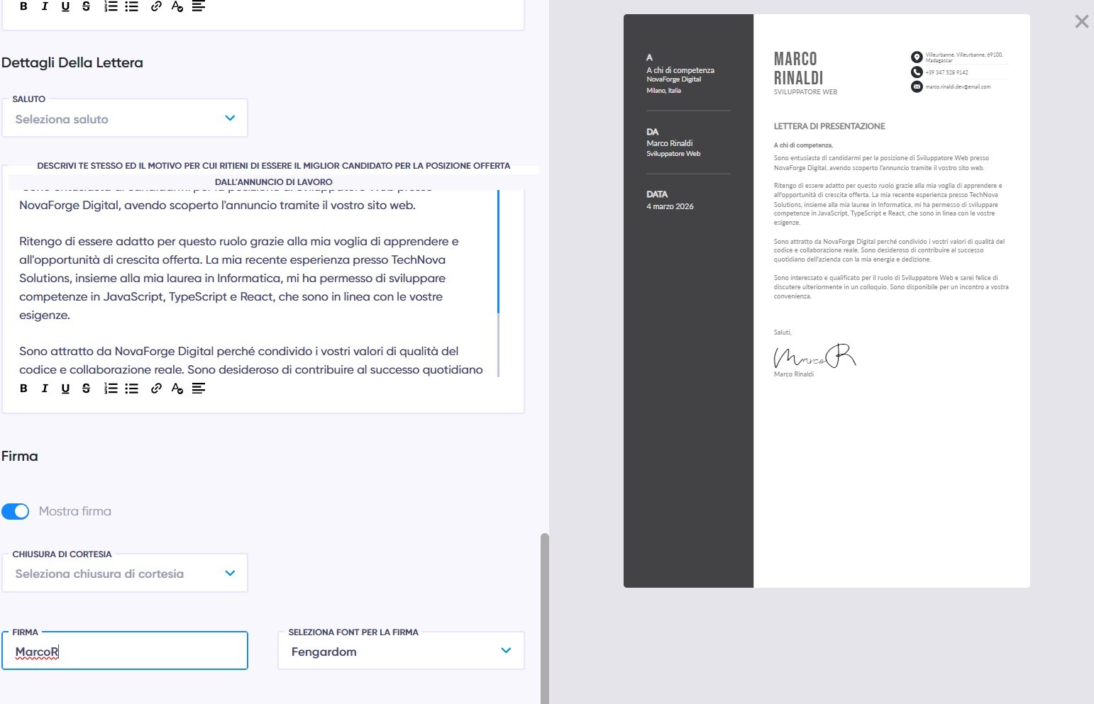 Esempio di una lettera di presentazione scritta dal nostro strumento AI