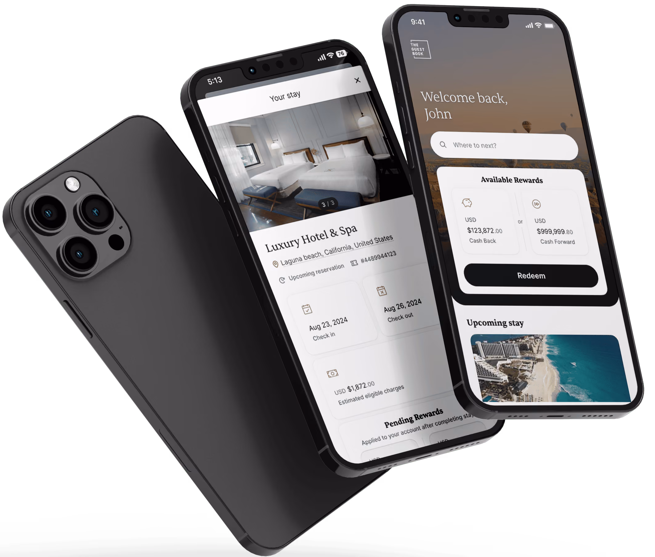 Three black smartphones showing travel app screens with hotel booking details, rewards, and upcoming stay information.