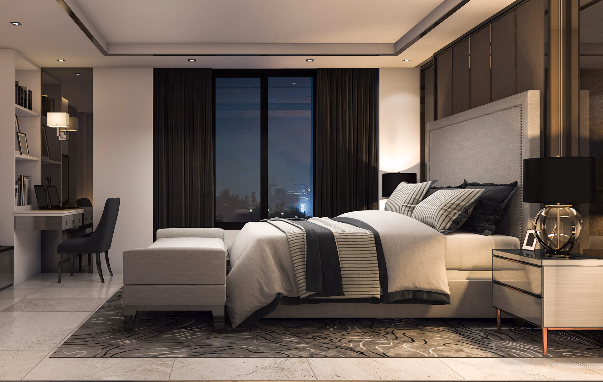Modern luxury bedroom with a large upholstered bed, striped bedding, black lamps, nightstand, bench, and desk with chair.
