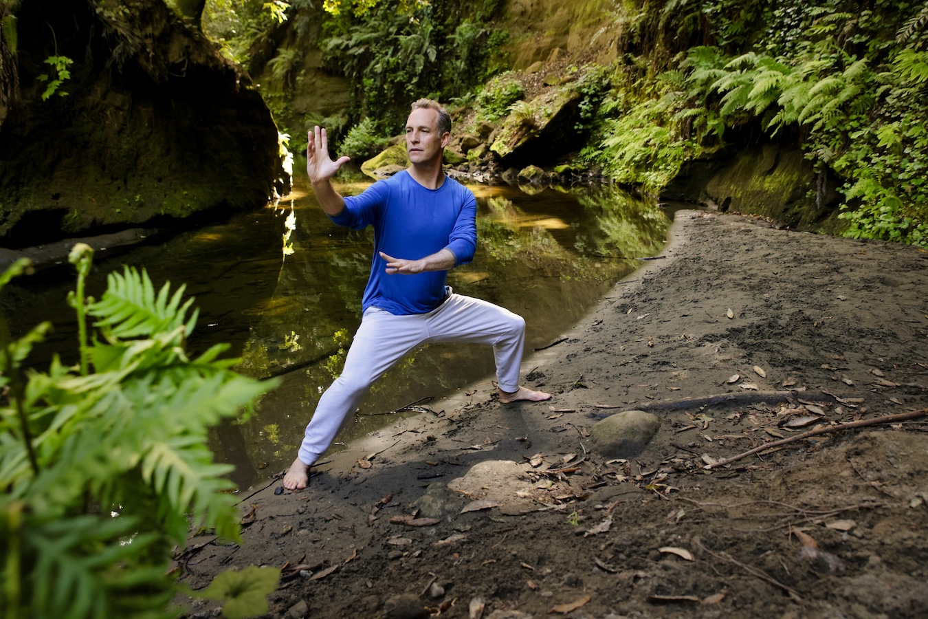 Lee practicing Qi Gong alone in a small stream running through a forest. Lee is facing to his right with his right arm extended. His is leaning with his weight over his left foot. His left knee is bent with his right leg extended.