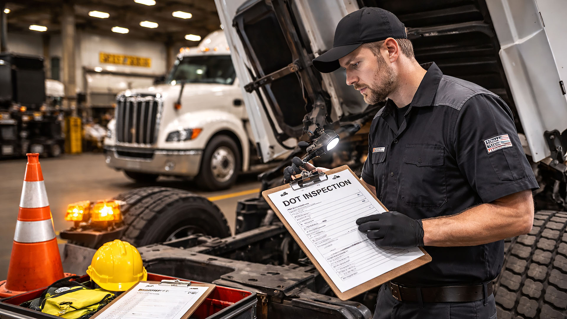 Diesel mechanic performing DOT inspection on semi truck in Holland, MI