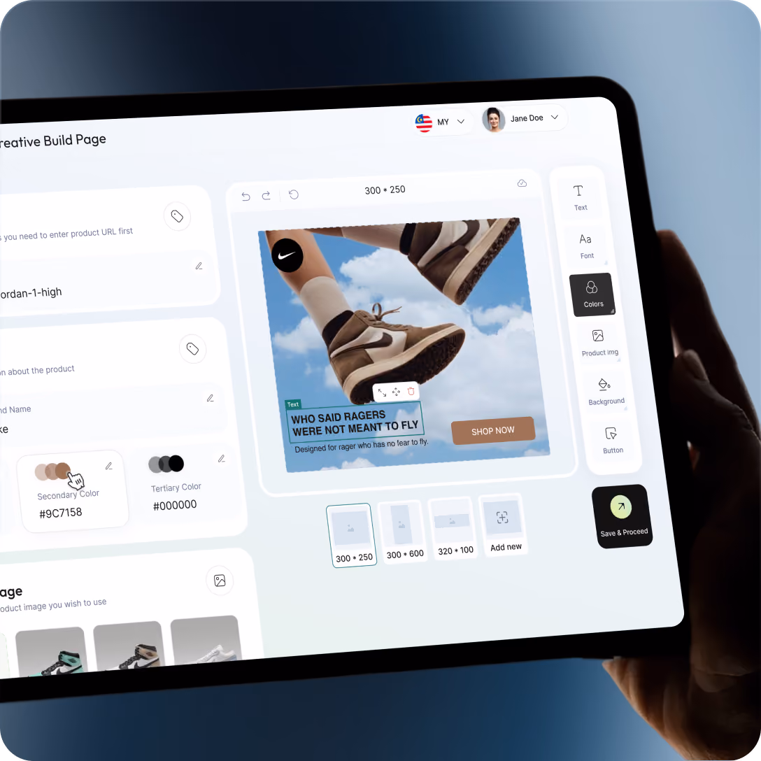 Tablet screen showing a creative build page for an online sneaker ad featuring Nike shoes. The design tool interface includes options for text, font, colors, product image, background, and button. Central preview shows a Nike sneaker with text reading 'WHO SAID RAGERS WERE NOT MEANT TO FLY' and a 'SHOP NOW' button on a sky background. Color selection and product image options appear on the left side.