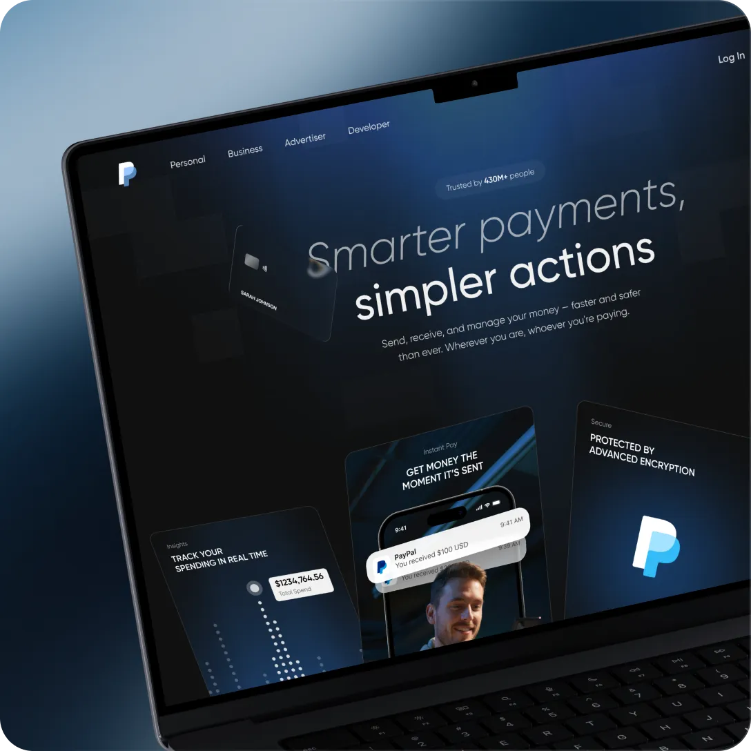 Laptop screen displaying a PayPal webpage with the header options Personal, Business, Advertiser, Developer, and Log In. The page headline reads 'Smarter payments, simpler actions' with a tagline about sending, receiving, and managing money faster and safer. It shows features like tracking spending in real time with a total spend displayed as $1234,764.56, instant pay notifications of receiving $100 USD, and a security note 'Protected by advanced encryption' with the PayPal logo.