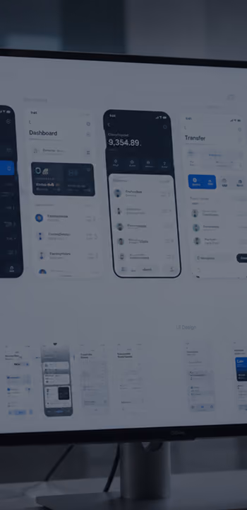 Computer screen displaying multiple mockups of a finance app UI showing dashboard, transaction list, balances, and transfer screens with white and dark mode designs.
